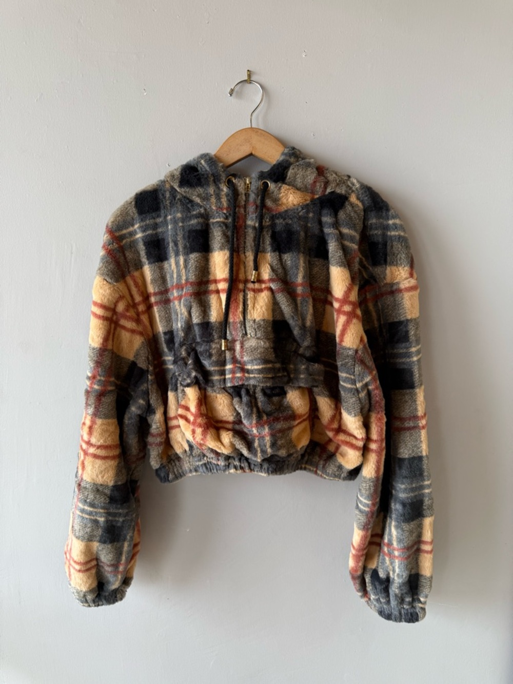 Cozy Plaid Fleece Jogger Jumpsuit - Beige & Gray - Picture 4 of 7